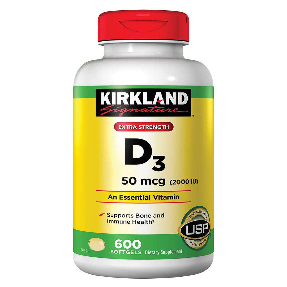 Kirkland Extra Strength D3 bottle with label showing dosage for bone support