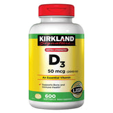 Kirkland Extra Strength D3 bottle with label showing dosage for bone support