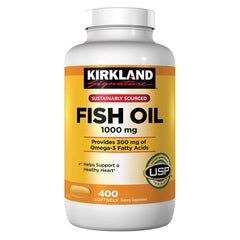 Kirkland Fish Oil 1000 mg bottle with smooth, sustainably sourced omega-3 capsules.