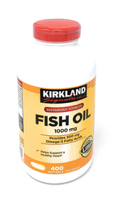 Kirkland Signature Fish Oil bottle front view, premium omega-3 supplement for daily use.