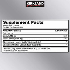 KIRKLAND Glucosamine & Chondroitin tablets close-up, highlighting the two-tablet daily dose option.