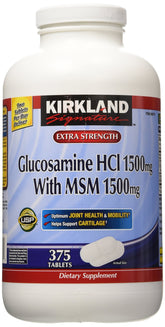 Kirkland Signature Glucosamine with MSM bottle front showing product branding for joint support.