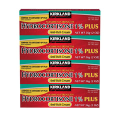 Kirkland Hydrocortisone 1% Plus Anti-Itch Cream pack of four tubes shown for minor skin itch