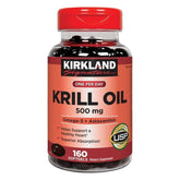 Kirkland Krill Oil 500 mg bottle view with softgels—potential heart health support and absorption