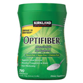 Kirkland OPTIFIBER bottle-dispense shows complete dissolution in water for easy daily fiber.