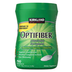Kirkland OPTIFIBER powder poured from bottle for easy hydration.