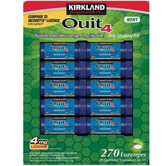 Kirkland Quit Lozenges 4mg front package shows mint flavor and NRT support for cravings.