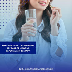 Kirkland Quit Lozenges 4mg packaging view shows mint-flavored lozenges ideal for on-the-go use.