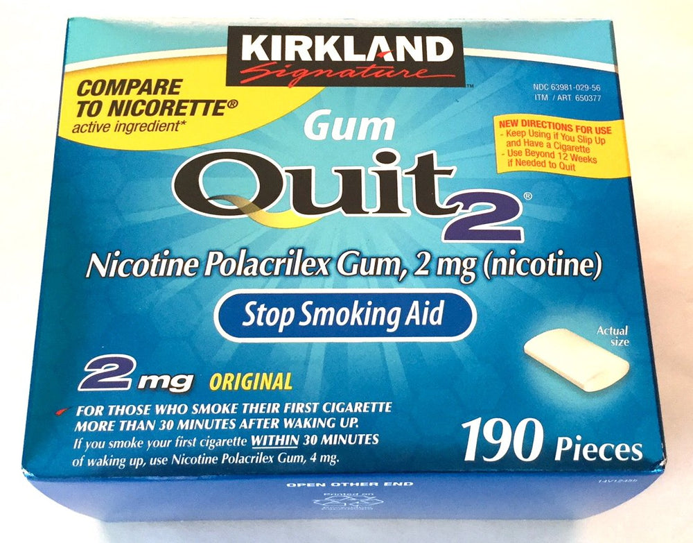 Kirkland Quit Smoking Gum 2mg box close-up for cravings management