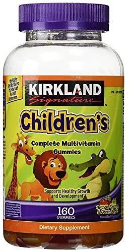 Kirkland Signature children's multivitamin gummies bottle with fruity flavors supporting daily growth and energy