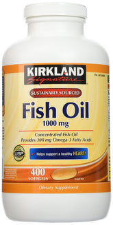 Kirkland Signature fish oil bottle front view emphasizing purity and omega-3 richness