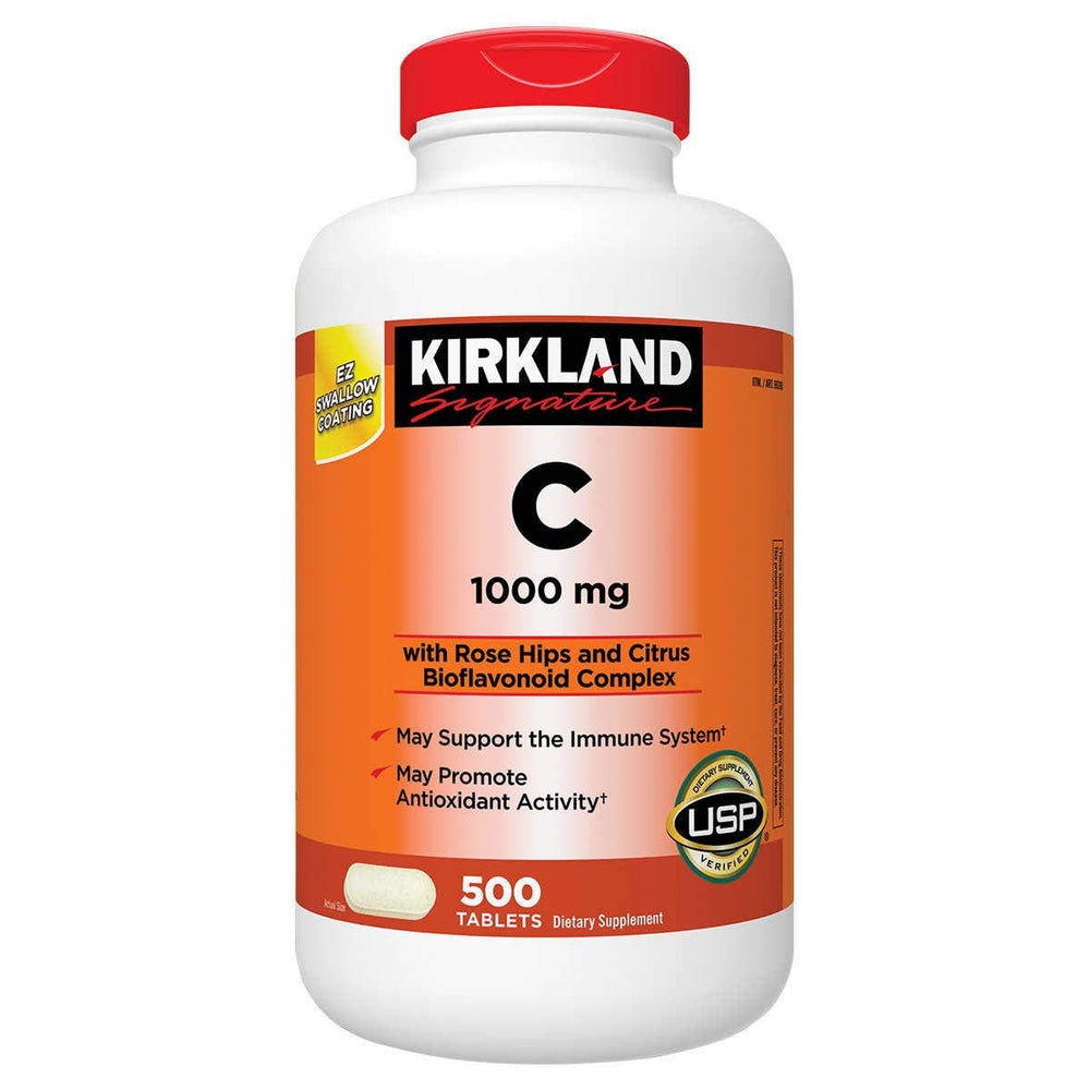 Kirkland Vitamin C 1000mg with rose hips bottle front, high-potency immune support.