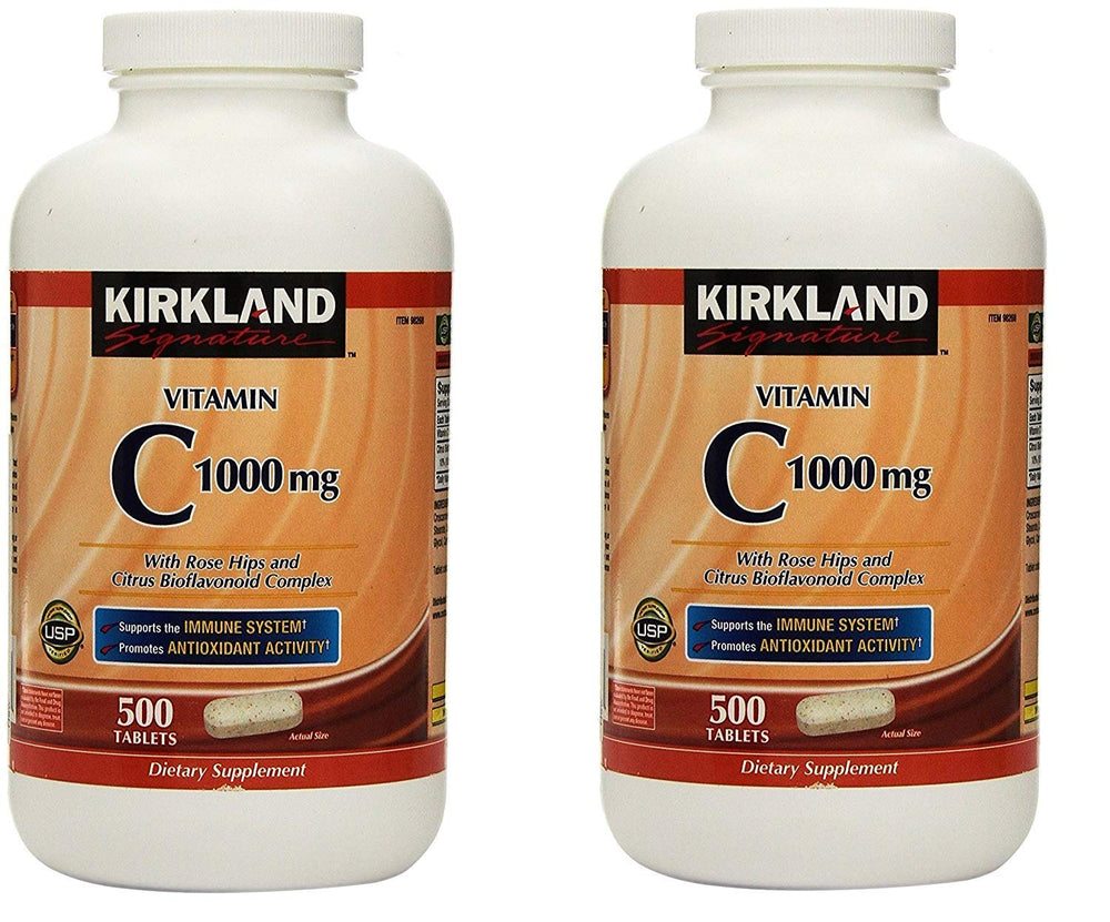 Kirkland Vitamin C with Rose Hips and Citrus Bioflavonoid Complex bottle supports daily antioxidant intake.