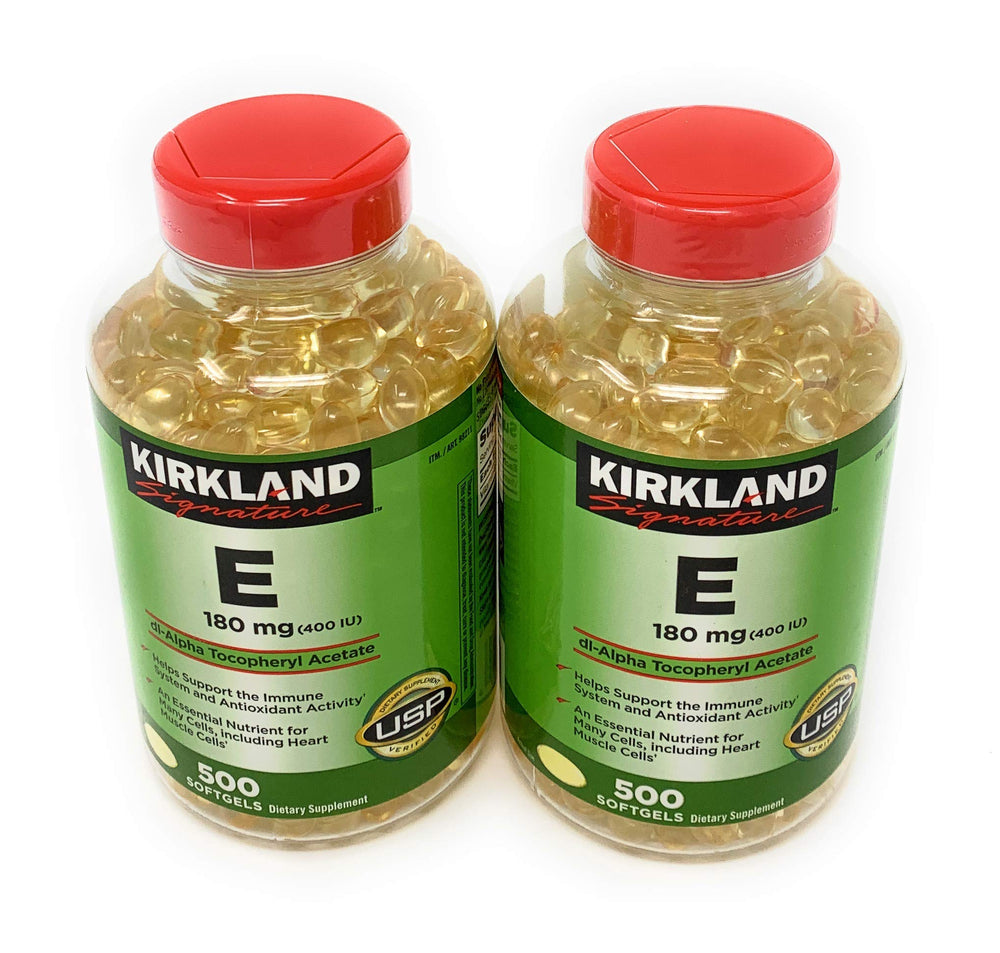 KIRKLAND Vitamin E 400 IU bottle front view highlighting antioxidant support for daily wellness.