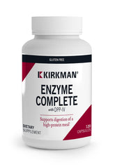 Kirkman Enzyme Complete/DPP-IV bottle close-up showing hypoallergenic digestive support for a broad range of foods