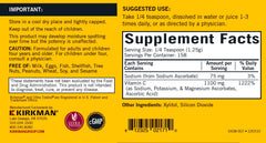 Close-up of product label on Kirkman buffered vitamin C powder bottle.