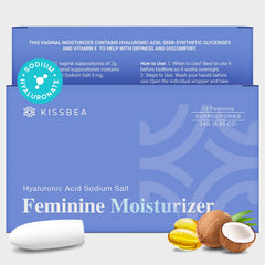 Kissbea Hyaluronic Acid Suppositories packaging shown for discreet daily use and menopausal relief.