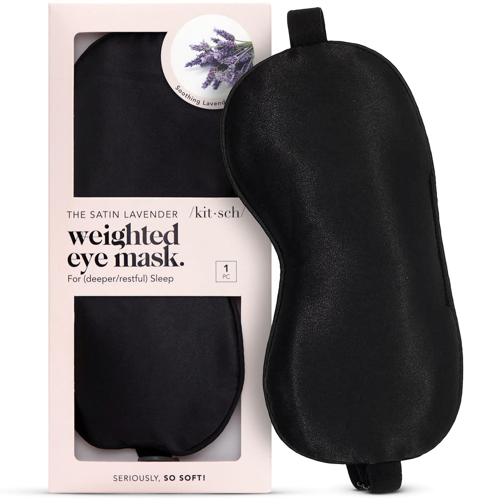 Kitsch weighted satin sleep mask with lavender enhances calm and light blocking.