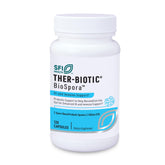 Klaire Labs BioSpora bottle on kitchen shelf, shelf-stable probiotic for daily digestive support.