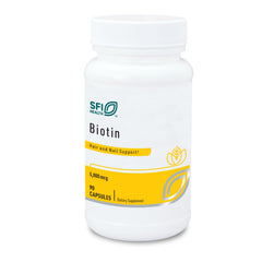 SFI Health Klaire biotin capsules in a bottle for skin and hair support.