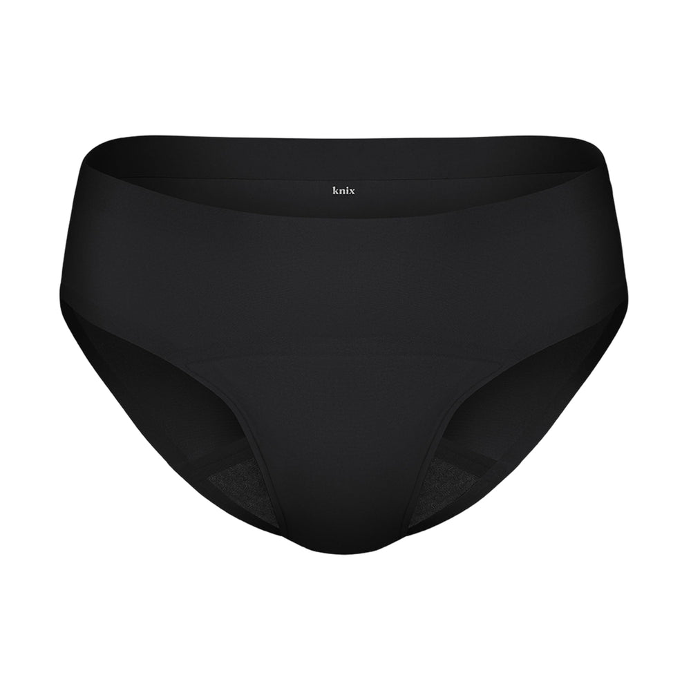KNIX Super Leakproof Bikini in black, front view, discreet daily protection for heavy flow.