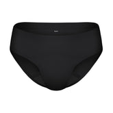 KNIX Super Leakproof Bikini in black, front view, discreet daily protection for heavy flow.
