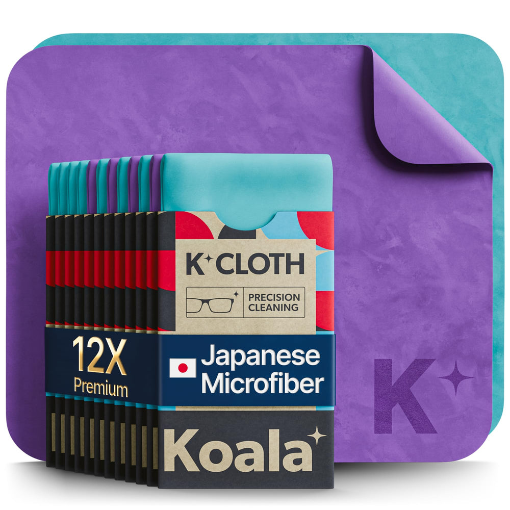 Koala Lifestyle lens cleaning cloth pack of 12 in blue and purple for multiple devices.