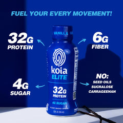 Koia Elite Vanilla shake in a glass emphasizing dairy-free, gluten-free nutrition