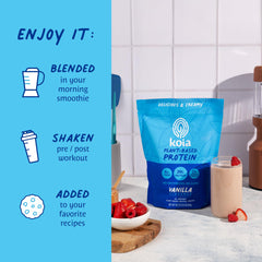 Koia vanilla protein powder bottle on counter for daily nutrition.