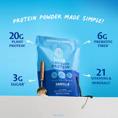 Koia vanilla protein powder scoop close-up showing convenient serving.
