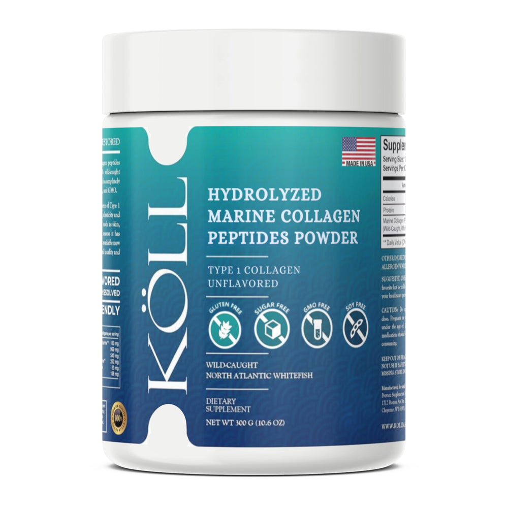 KÖLL Marine Collagen Peptides powder bottle closeup, ideal for daily beauty support.