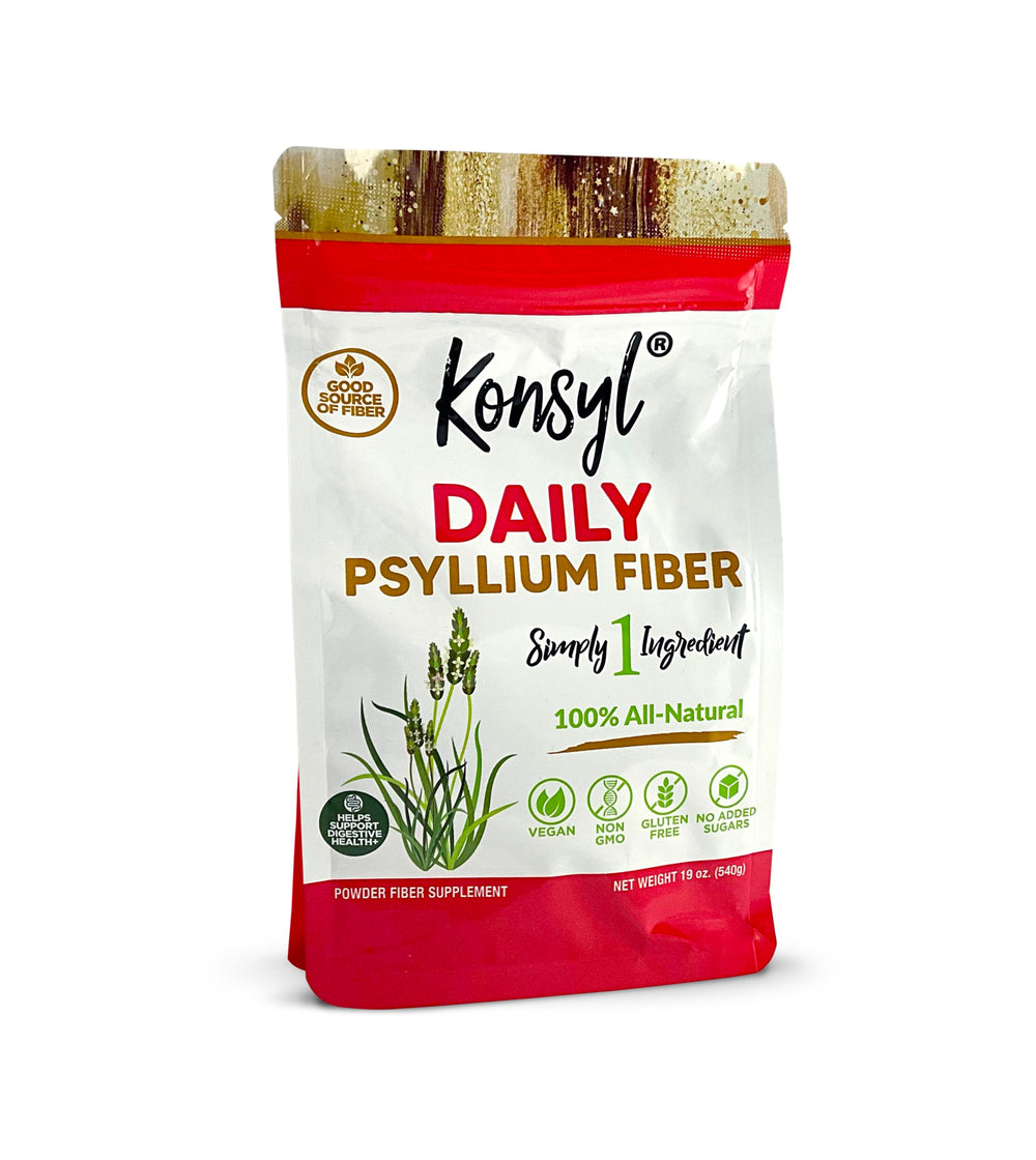 Konsyl Daily Psyllium Fiber bottle on kitchen counter for daily digestion support
