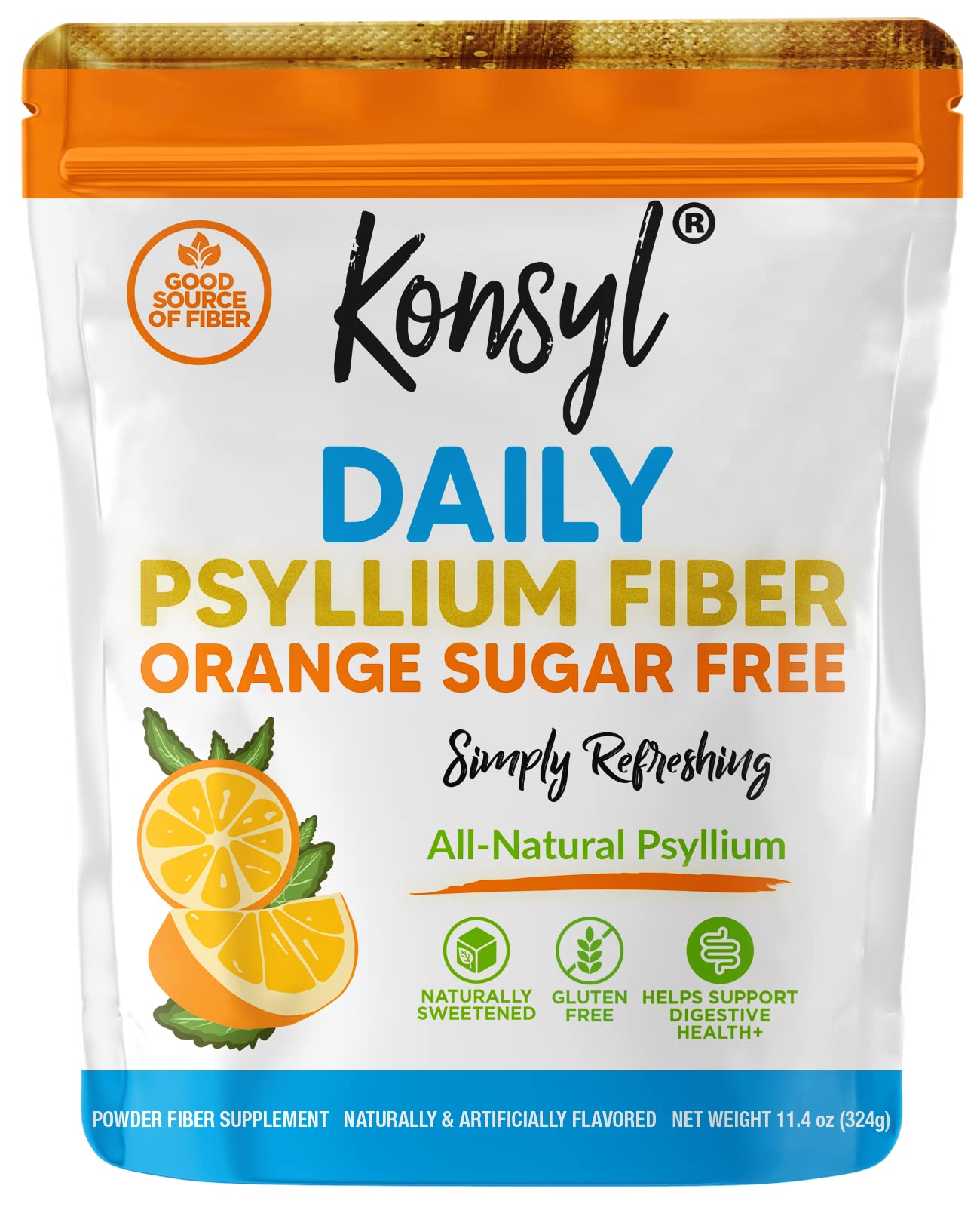 Konsyl Daily Psyllium Fiber Orange Sugar Free bottle showcases orange-flavored, sugar-free fiber.