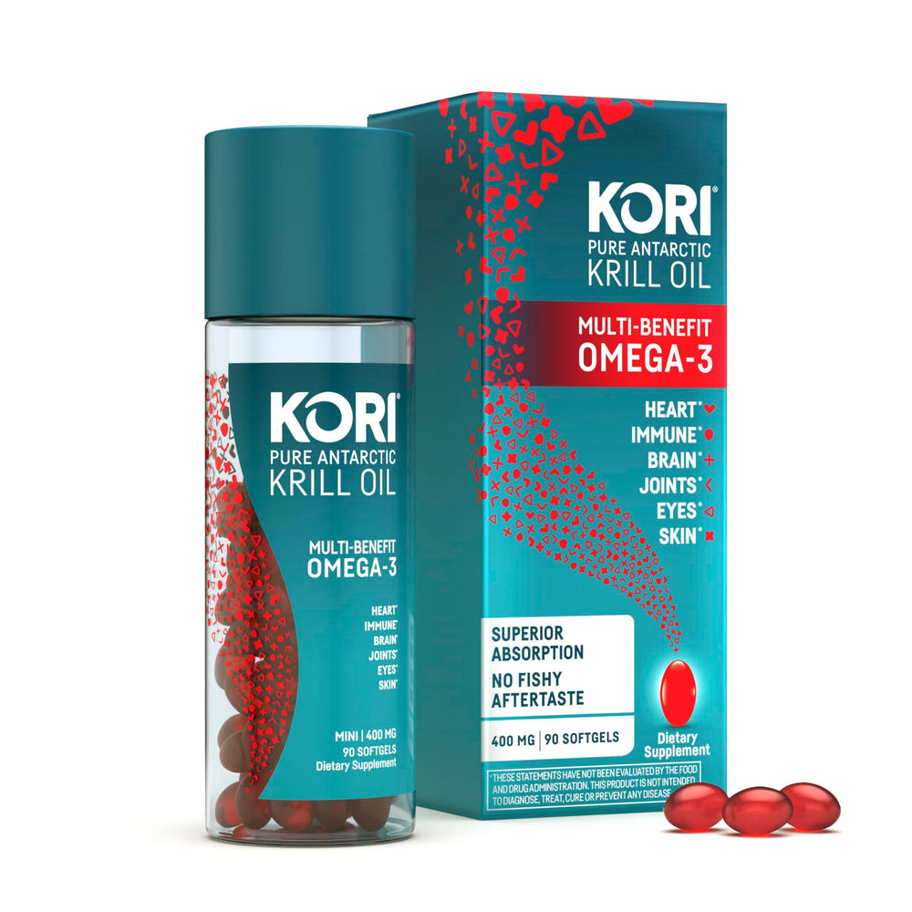 Kori Krill Oil bottle front displaying 400 mg softgels for daily omega-3 intake.