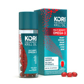 Kori Krill Oil bottle front displaying 400 mg softgels for daily omega-3 intake.