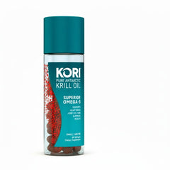 Kori Krill Oil softgels bottle shows convenient omega-3 for heart and brain support.