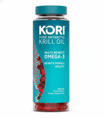 Kori Krill Omega-3 Excel bottle showcasing high absorption and omega-3 concentrate.
