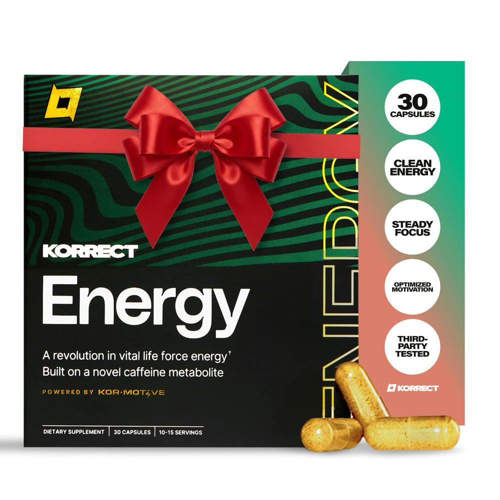 KORRECT LIFE Korrect Clean Energy bottle front signals steady, long-lasting mental focus.