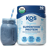 KOS Blueberry Muffin protein bottle shows a premium plant-based shake option for daily energy