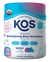 KOS Energizing Blue Spirulina Blend bottle with vivid blue color for pre-workout ritual.