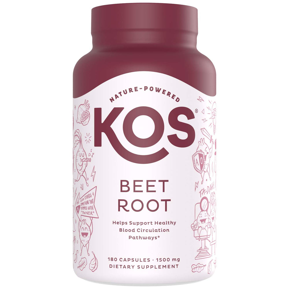 KOS Organic Beetroot Capsules bottle showcasing 1500mg per serving for easy daily nutrition.