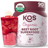 KOS Organic Beetroot Powder bottle with vibrant pink color for smoothies.