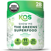 KOS Organic Super Greens powder bottle showing Apple flavor for daily greens