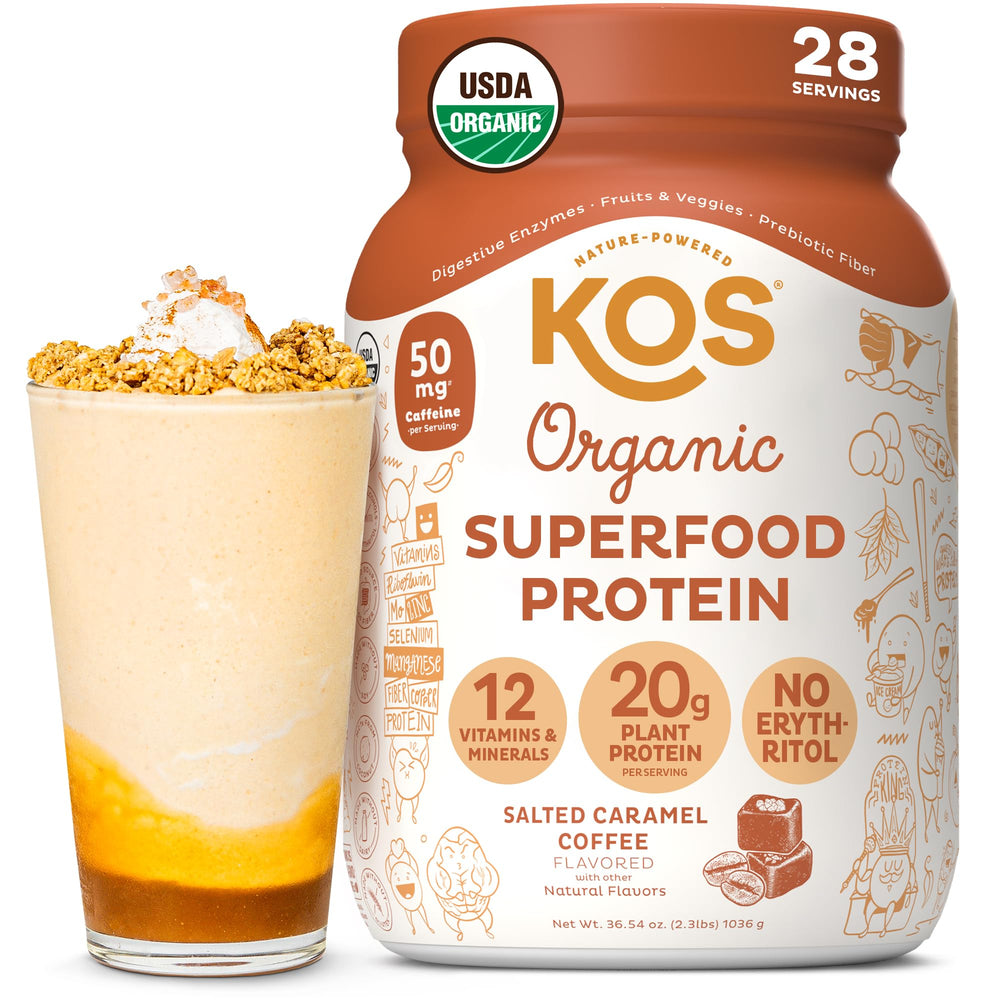 KOS salted caramel coffee protein bottle showcases rich flavor and plant-based nutrition