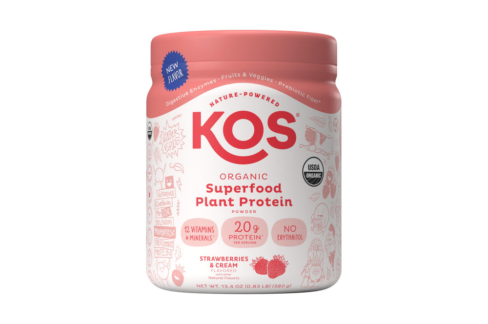 Kos Protein Powder Strawberry Cream tub ready for everyday shakes