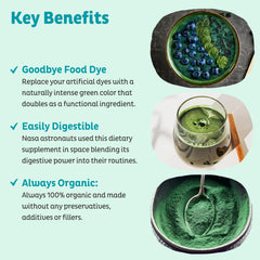 KOS spirulina powder label shows organic certification.