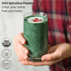 KOS spirulina powder scoop pour, easy daily portions for shakes.