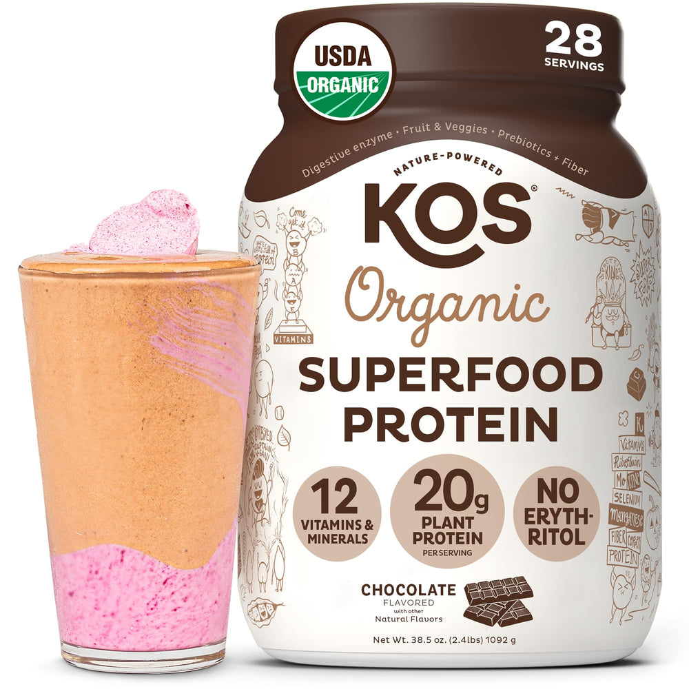 KOS Vegan Protein Powder Chocolate bottle pour demonstrates a dairy-free protein option for quick shakes.