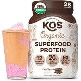 KOS Vegan Protein Powder Chocolate bottle pour demonstrates a dairy-free protein option for quick shakes.
