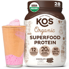 KOS Vegan Protein Powder Chocolate bottle pour demonstrates a dairy-free protein option for quick shakes.
